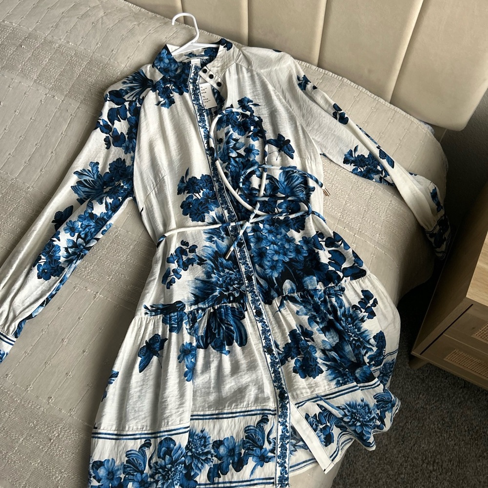 H&M Cream and Blue Floral Blouse